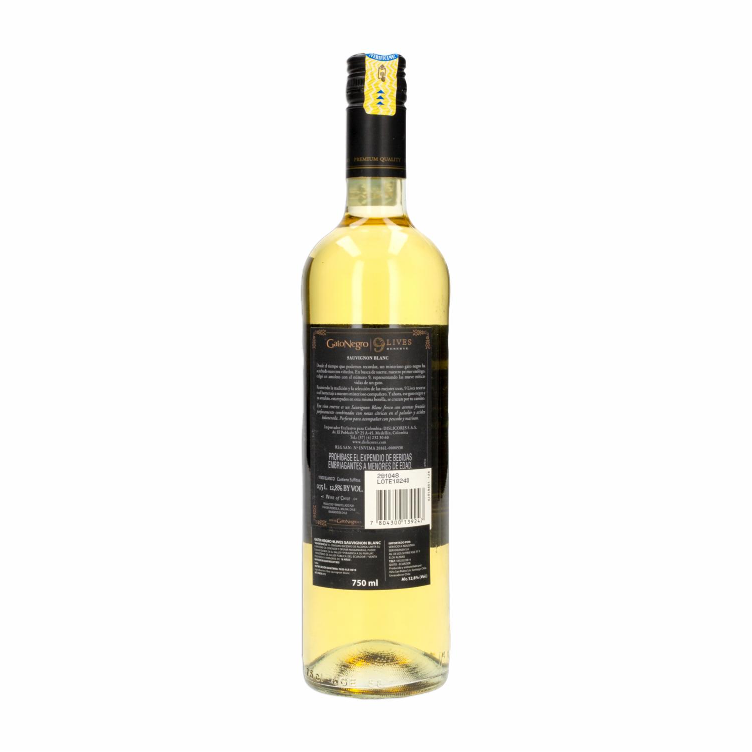 Vino Blanco Sauvignon 9 Lives Gato Negro 750 Ml