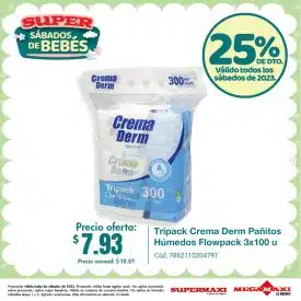 Tripack Crema Derm Pañitos Húmedos Flowpack 3×100 u