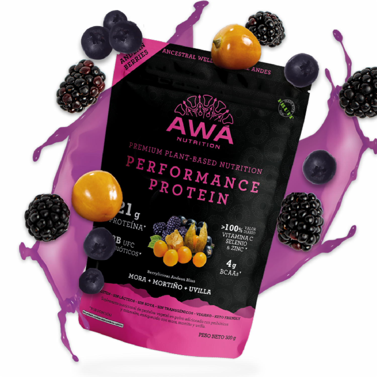 Proteína En Polvo Performance Protein Mora  Mortiño  Uvilla Andean Berries AWA NUTRITION 300 G