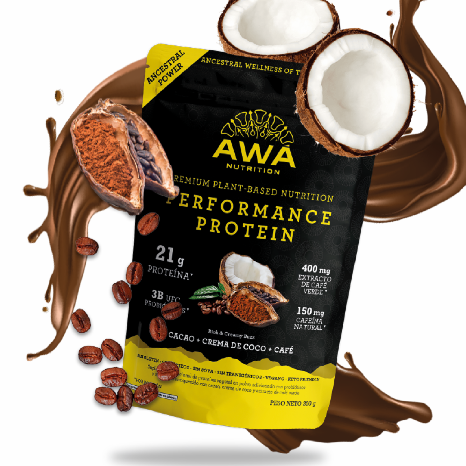Proteína En Polvo Performance Cacao  Crema de Coco  Café Ancestral Power AWA NUTRITION 300 G