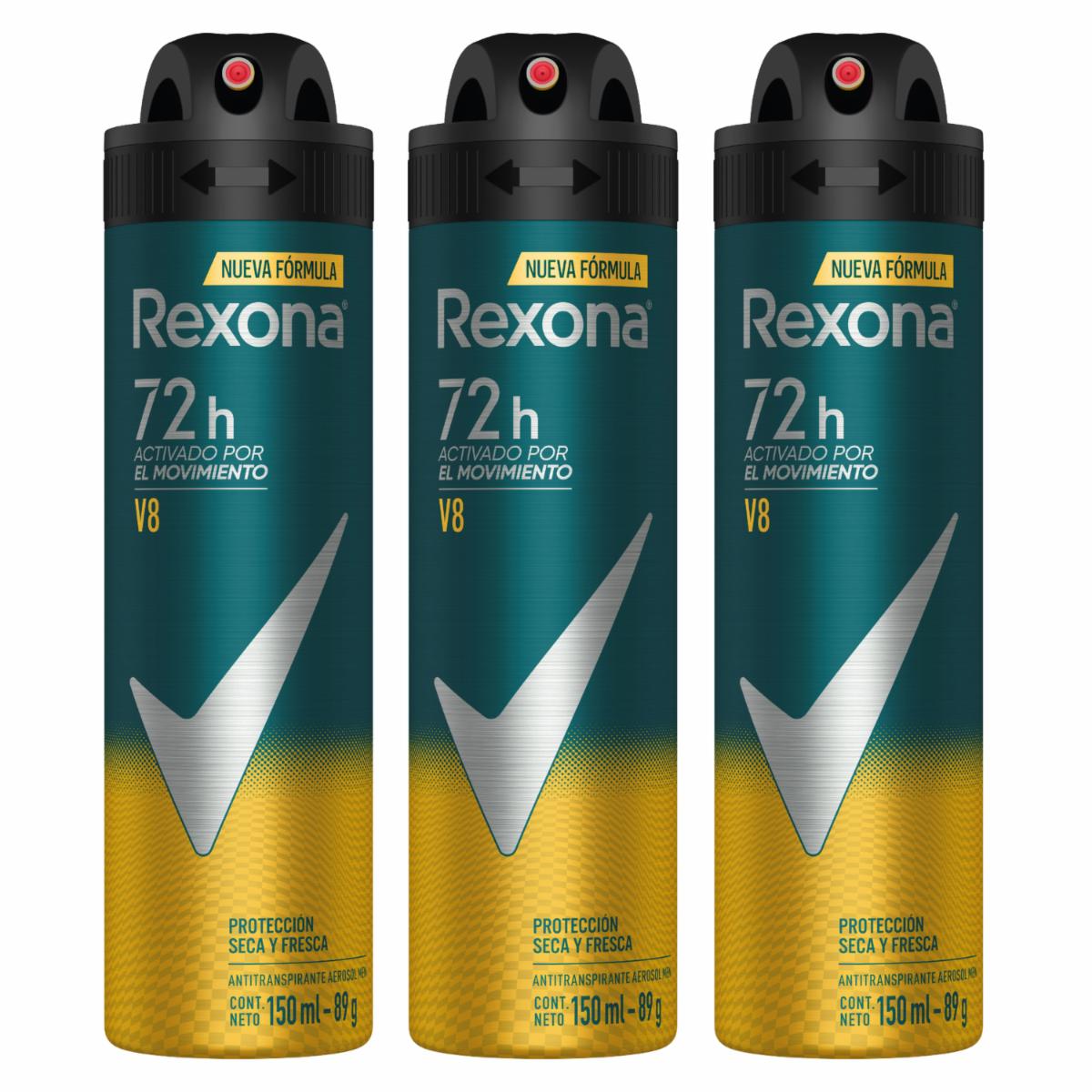 Desodorante En Aerosol Para Caballero V8 Nueva Fórmula REXONA 3 X 150 Ml