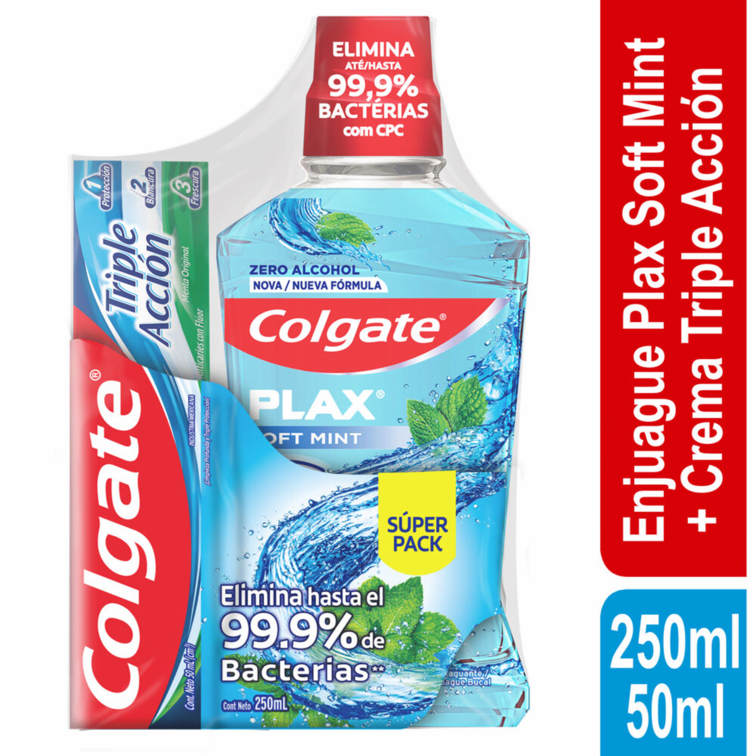 Enjuague  Bucal Plax Soft Mint + Pasta Dental Triple Acción COLGATE 250 Ml +50 Ml