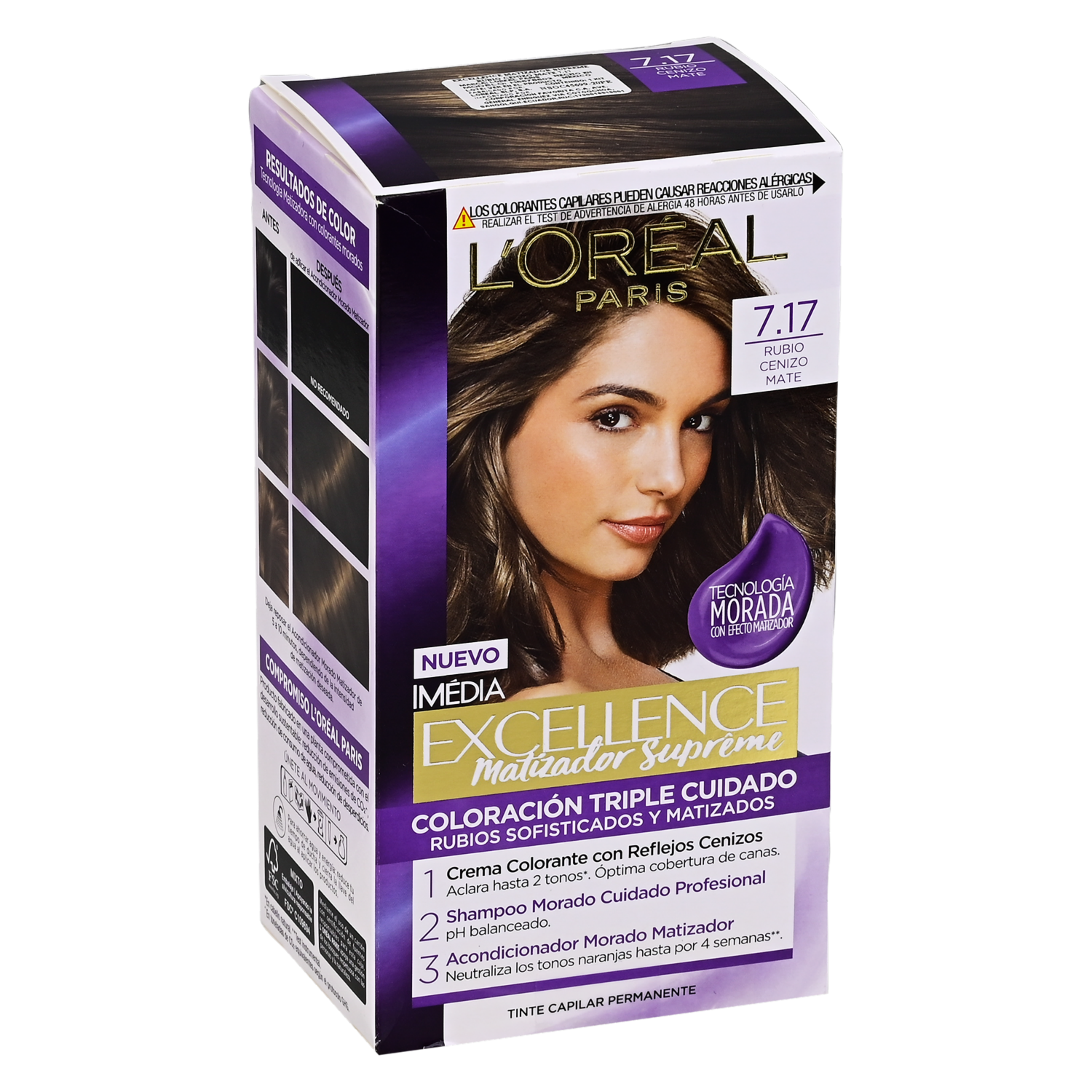 Tinte De Cabello Matizador Supreme Tono 7.17 Rubio Cenizo Mate EXCELLENCE L’ORÉAL PARIS 1 Kit