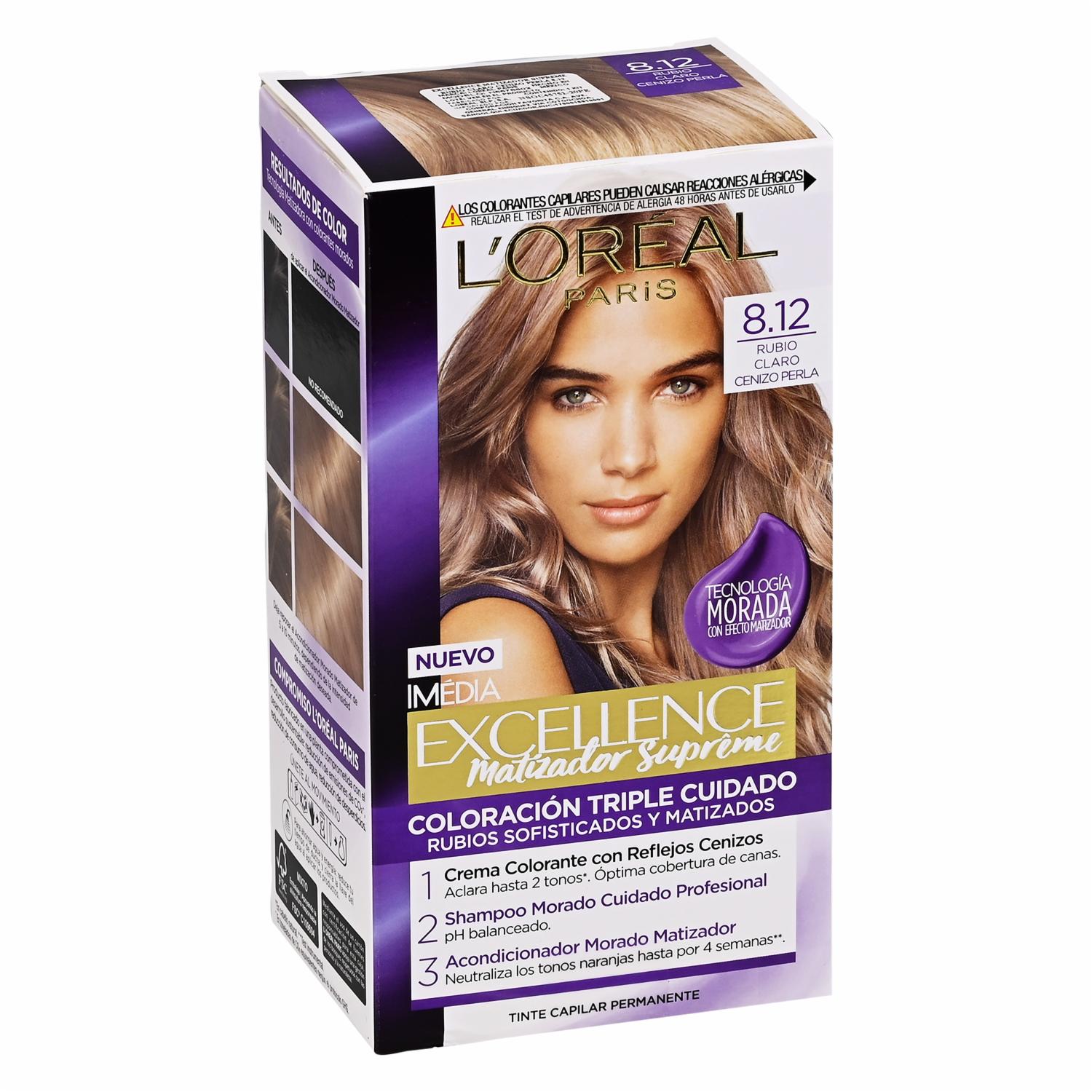 Tinte De Cabello Matizador Supreme Tono 8.12 Rubio Claro Cenizo Perla EXCELLENCE L’ORÉAL PARIS 1 Kit