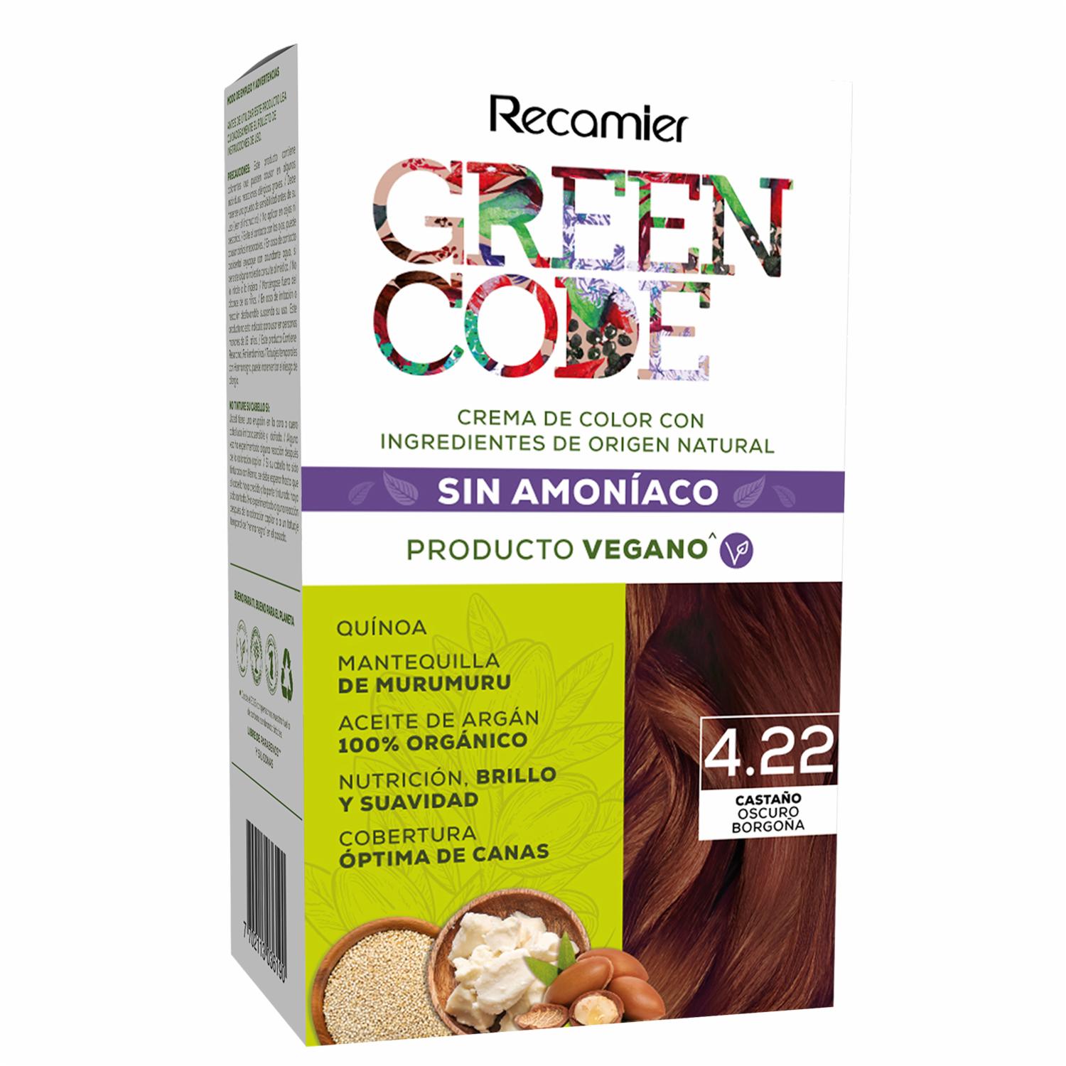 Tinte De Cabello Castaño Oscuro Borgoña 4.22 Sin Amoníaco GREEN CODE Kit 50 G