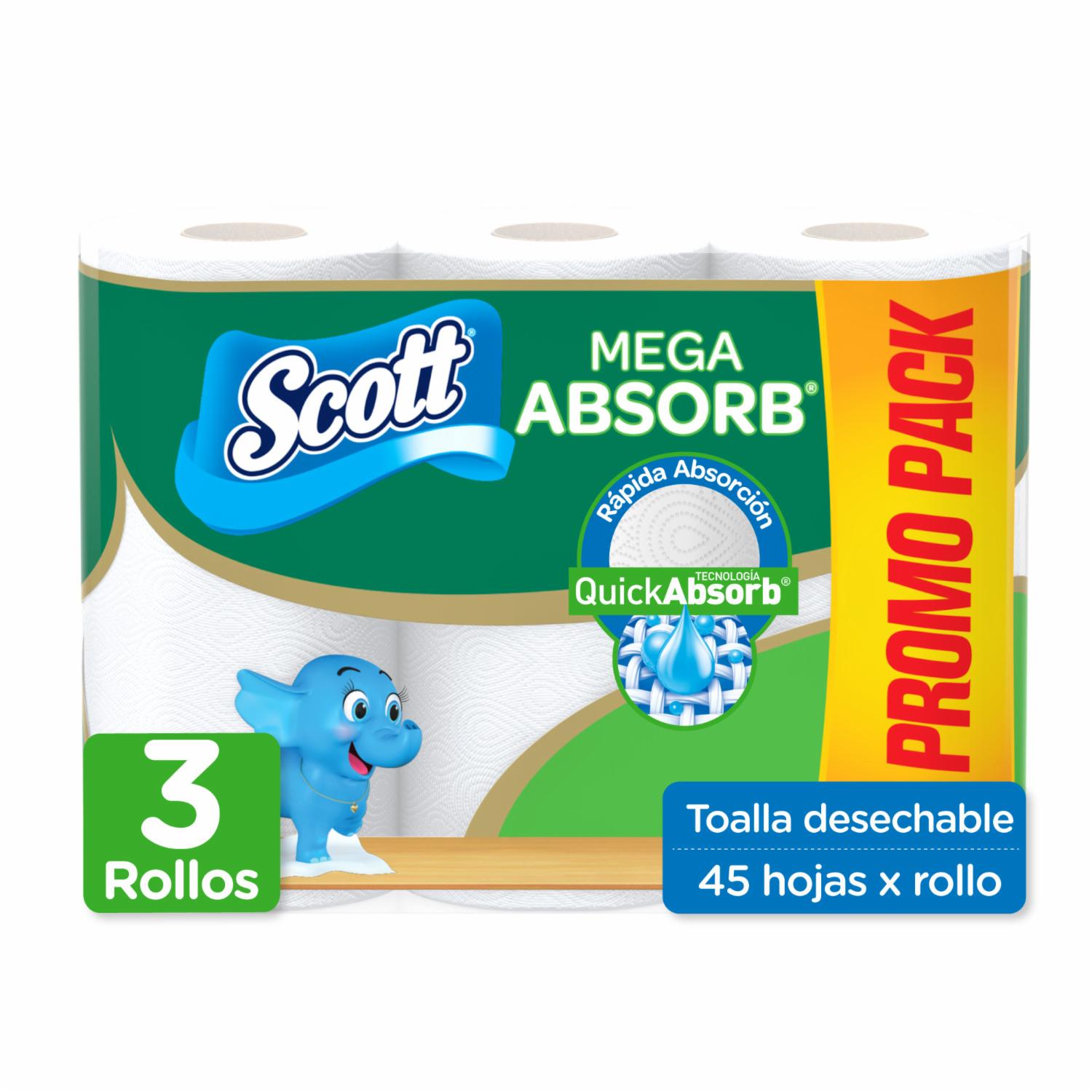 Toalla Desechable Mega Absorbente 45 hojas SCOTT X 3 Uds