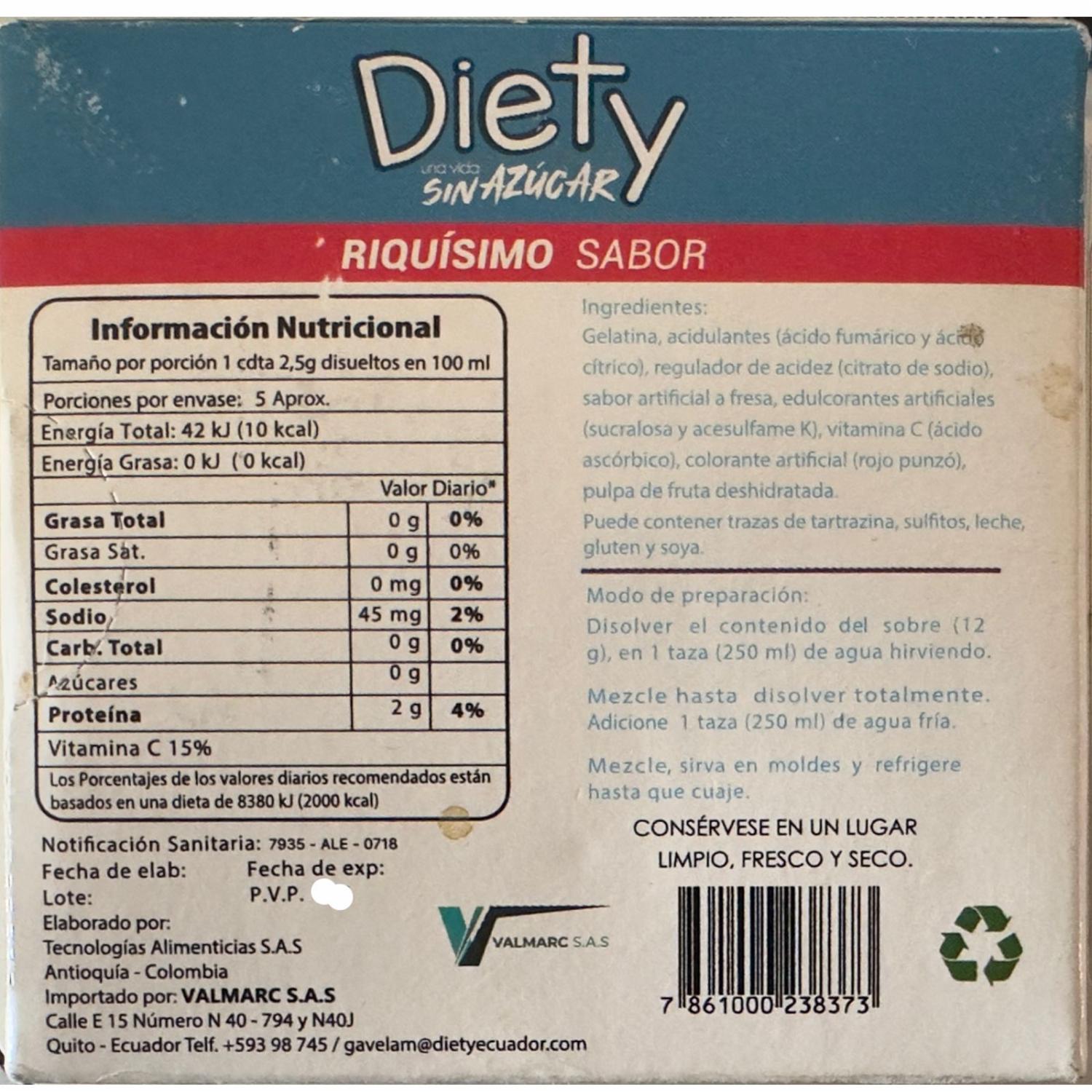 Gelatina De Cereza Sin Azúcar DIETY 5 Porciones