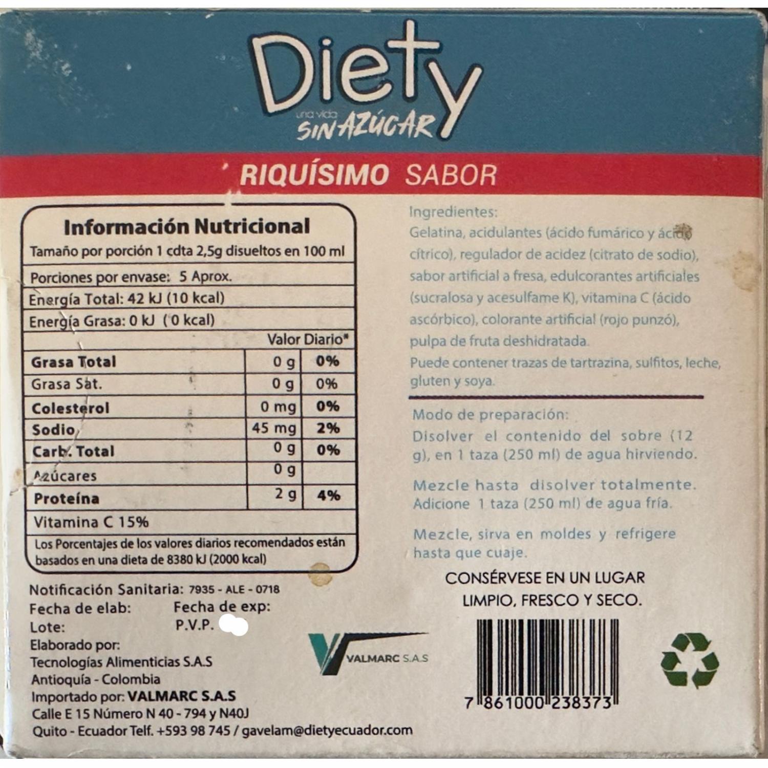 Gelatina De Fresa Sin Azúcar DIETY 5 Porciones
