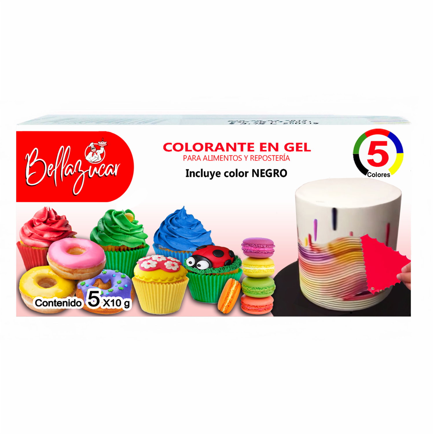 Colorante Para Alimentos En Gel Colores Negro, Verde, Rojo, Azul, Amarillo BELLAZUCAR 5 Uds X 10 G