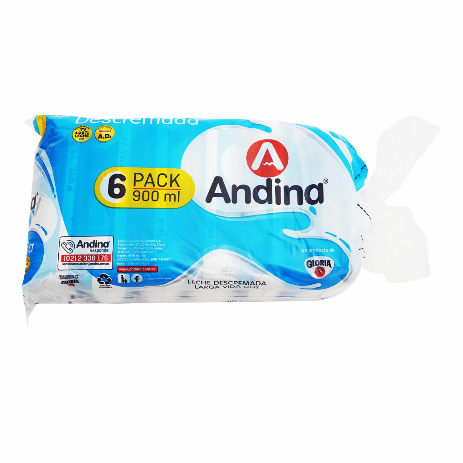 Pack De Leche Descremada En Funda ANDINA 6 X 900 Ml