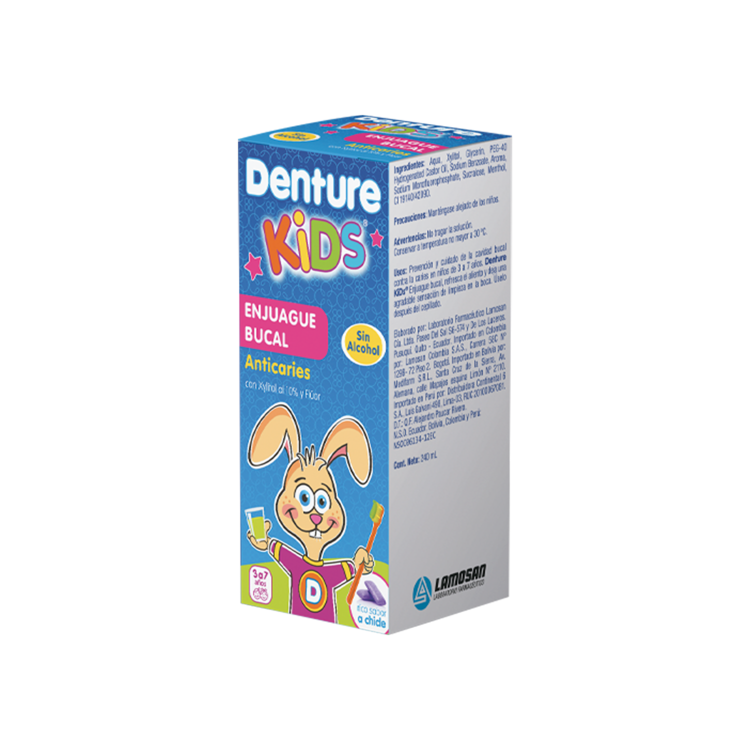 Enjuague Bucal Anticaries Para Niños Sabor Chicle Kids DENTURE 240 Ml