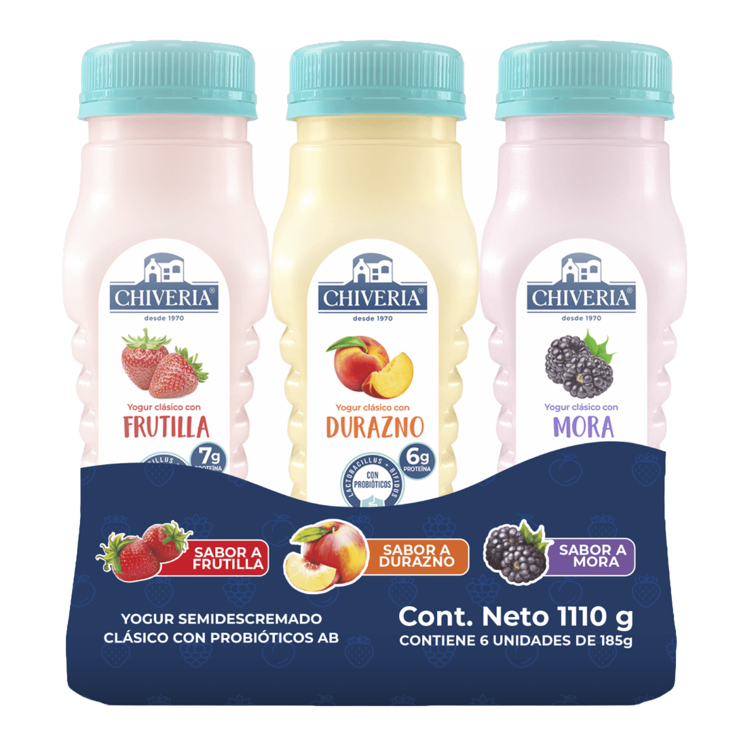 Yogurt Semidescremado Surtido Frutilla Durazno Mora CHIVERIA 6 X 185 G