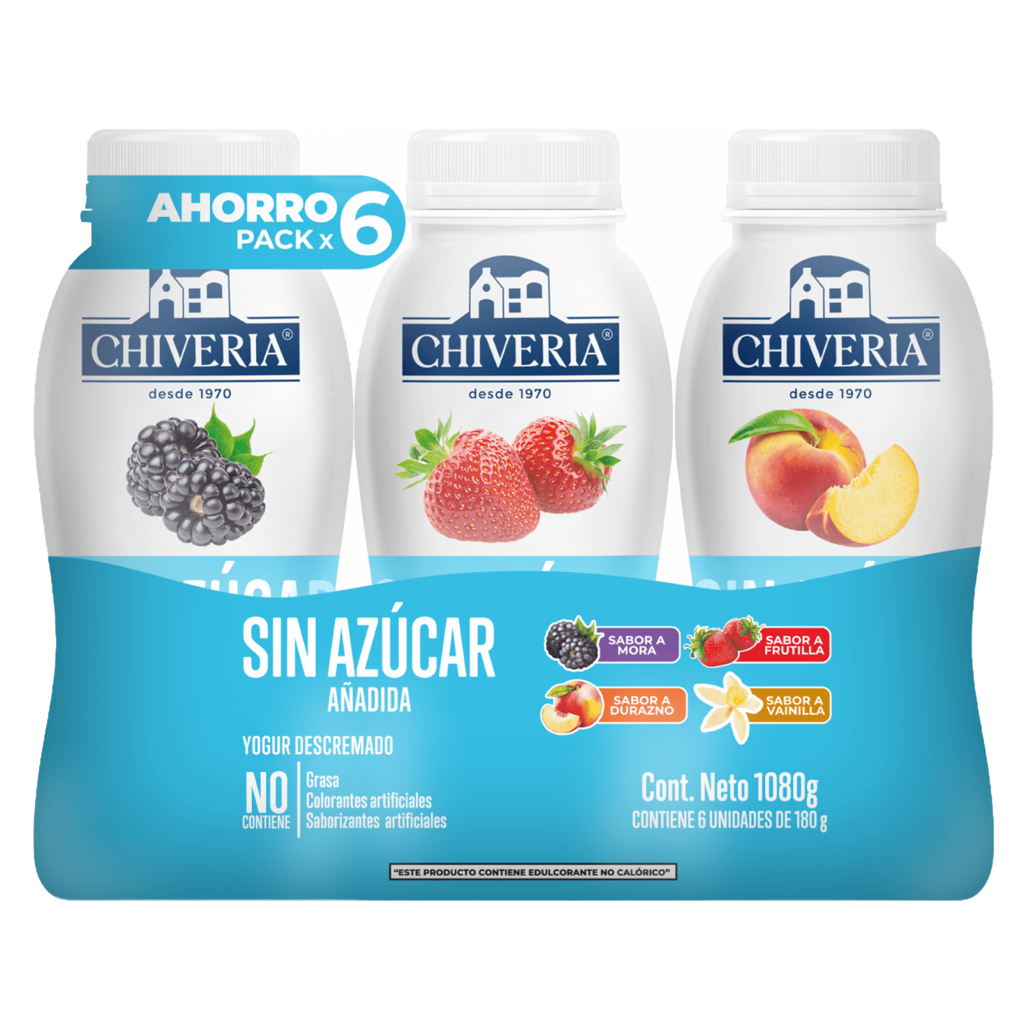 Yogur Descremado Surtido Mora Frutilla Durazno Vainilla 0% Grasa CHIVERIA 6 X 180 G