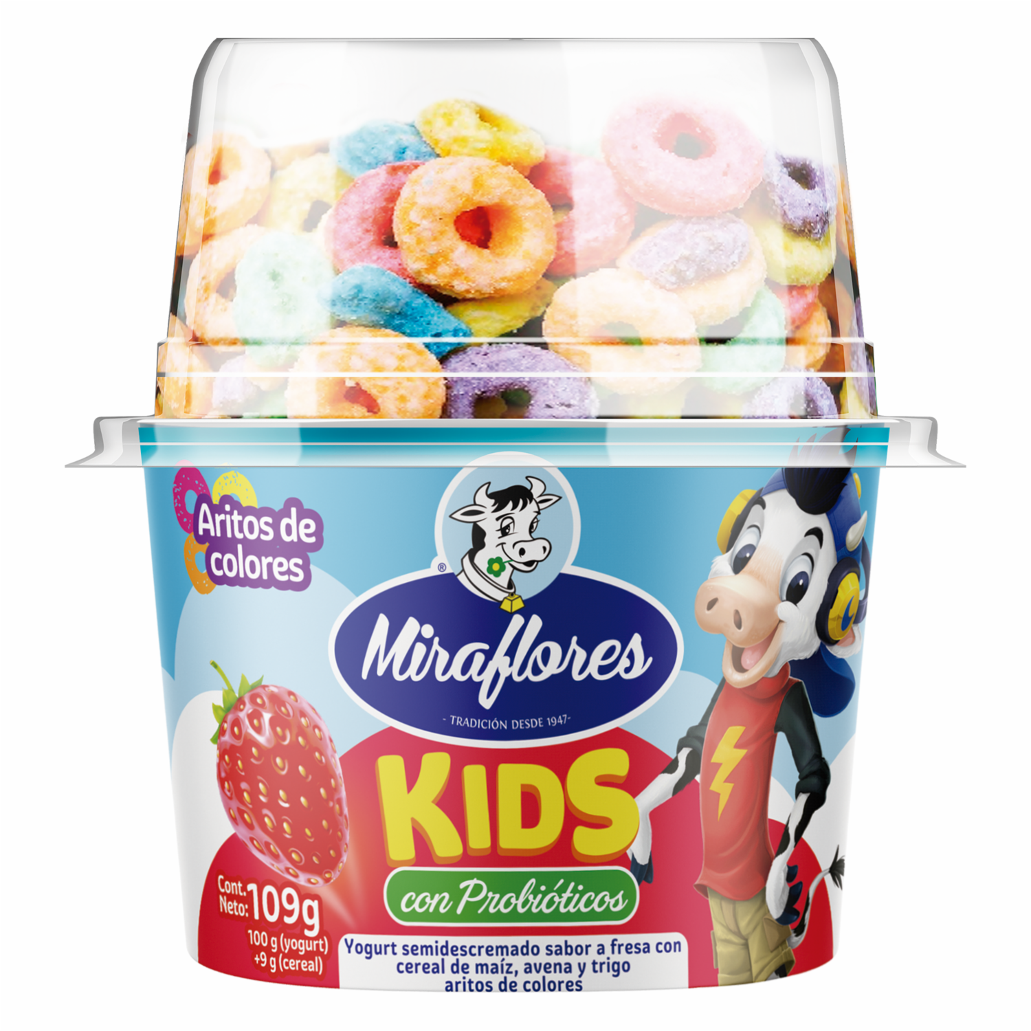 Yogurt Semidescremado Kids Sabor A Fresa Con Aritos De Colores MIRAFLORES 109 G