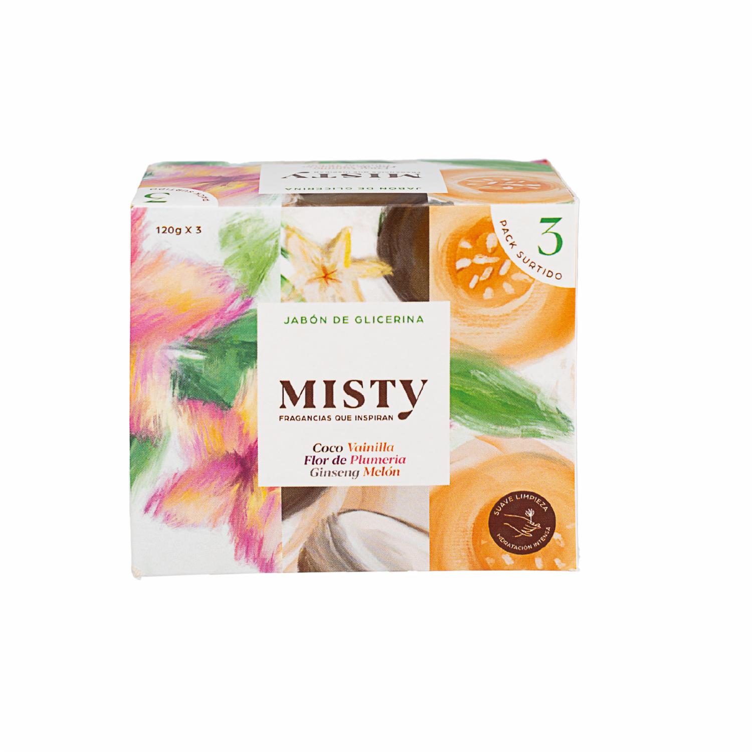 Jabón En Barra Flor Plumería – Coco Vainilla – Ginseng Melón MISTY Pack X3 X 120 G
