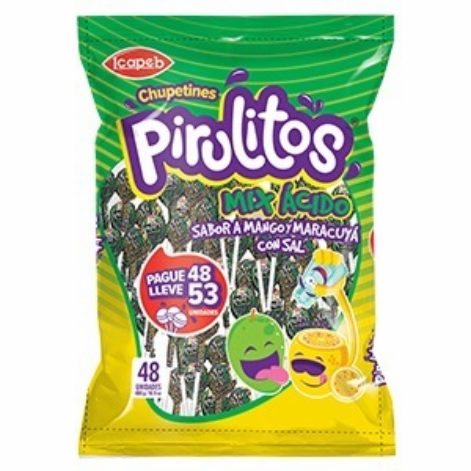 Chupete Mix Ácido Mango Y Maracuyá Con Sal PIRULITOS Funda 480 G