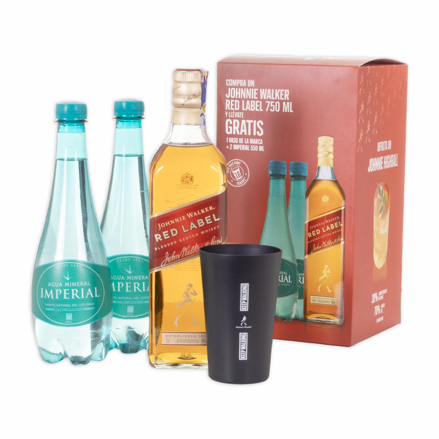 Whisky Red + Vaso Metálico + 2 Aguas Johnnie Walker 750 Ml + Vaso+2agua