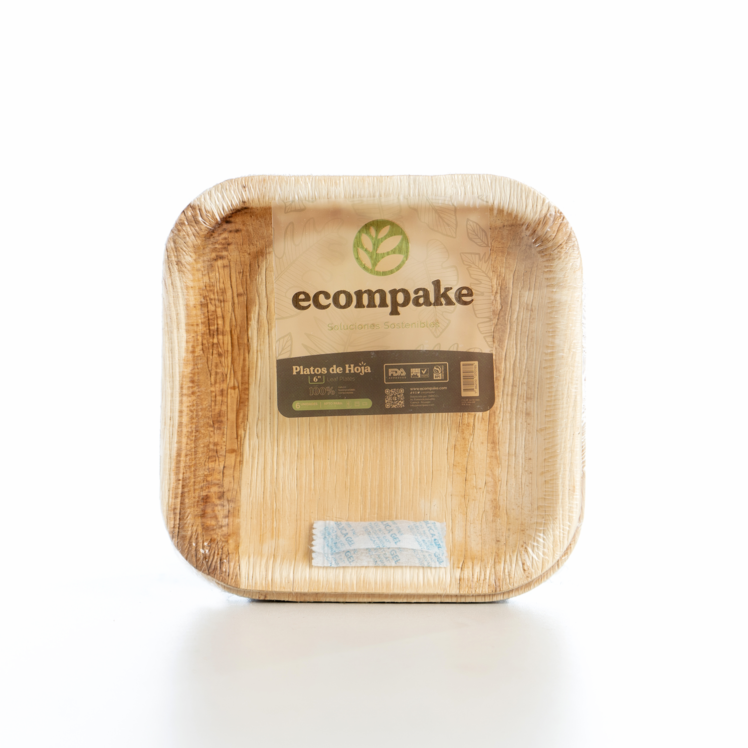 Platos Biodegradables De Hoja De Palma Cuadrado 6″ ECOMPAKE 6 Uds