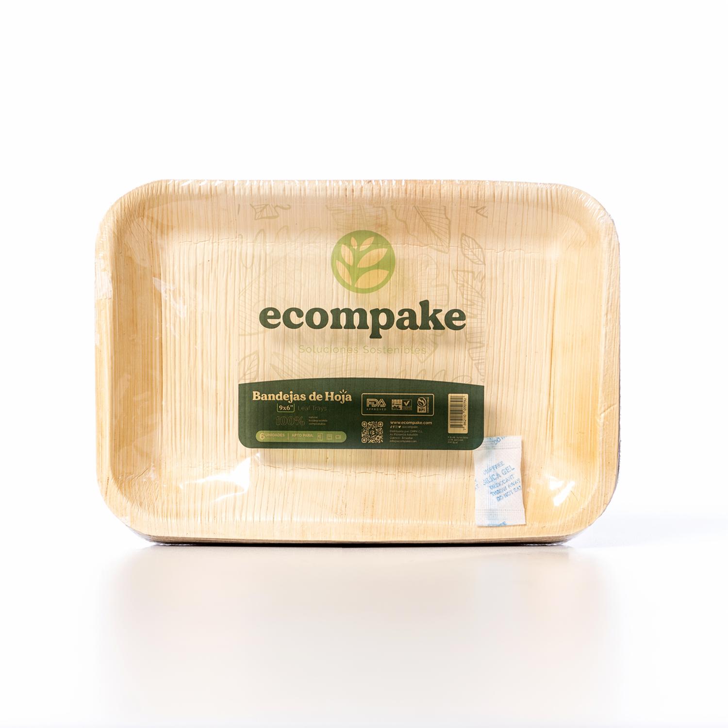 Bandejas Biodegradables De Hoja De Palma Rectangular 9X6″ ECOMPAKE 6 Uds