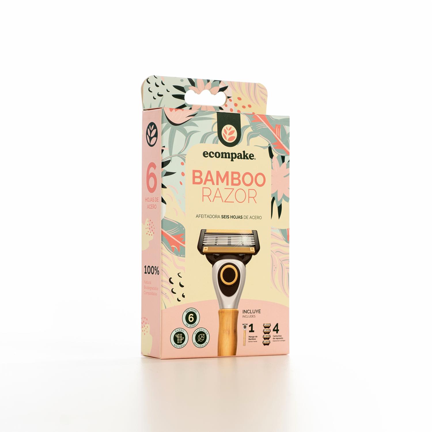 Rasuradora Dama Mango De Bamboo 6 Hojas De Acero ECOMPAKE Con 4 Cartuchos