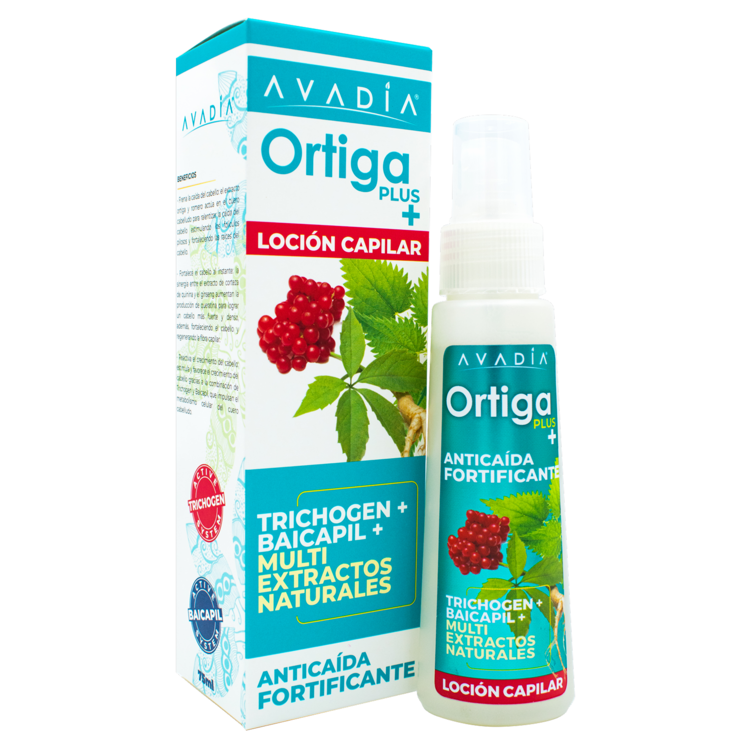 Loción Capilar Tónico Capilar Ortiga Plus Anticaída Fortificante Con Trichogen, Ortiga, Quinina Y Ginseng AVADÍA 75 Ml