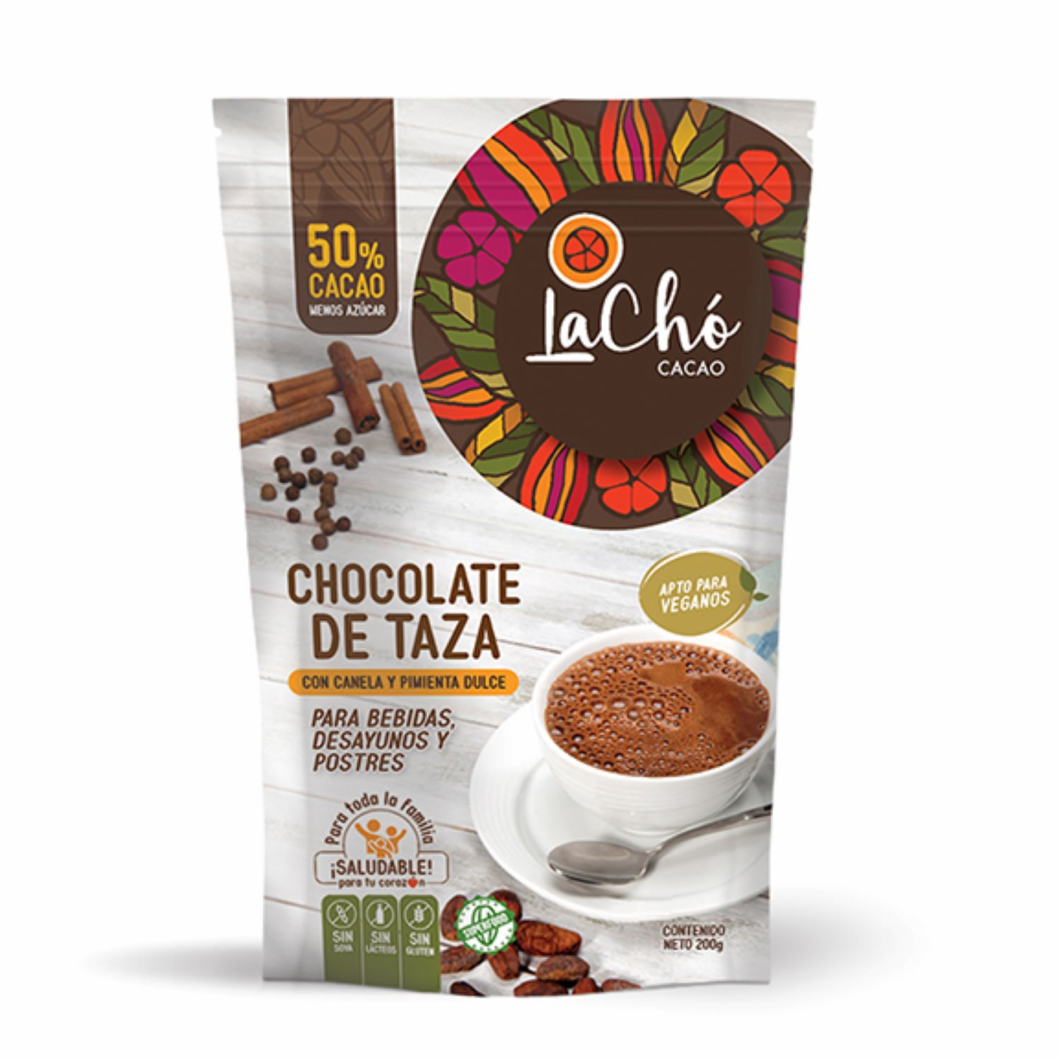 Chocolate En Polvo De Taza Con 50% De Cacao Canela Y Pimienta Dulce LACHÓ CACAO 200 G