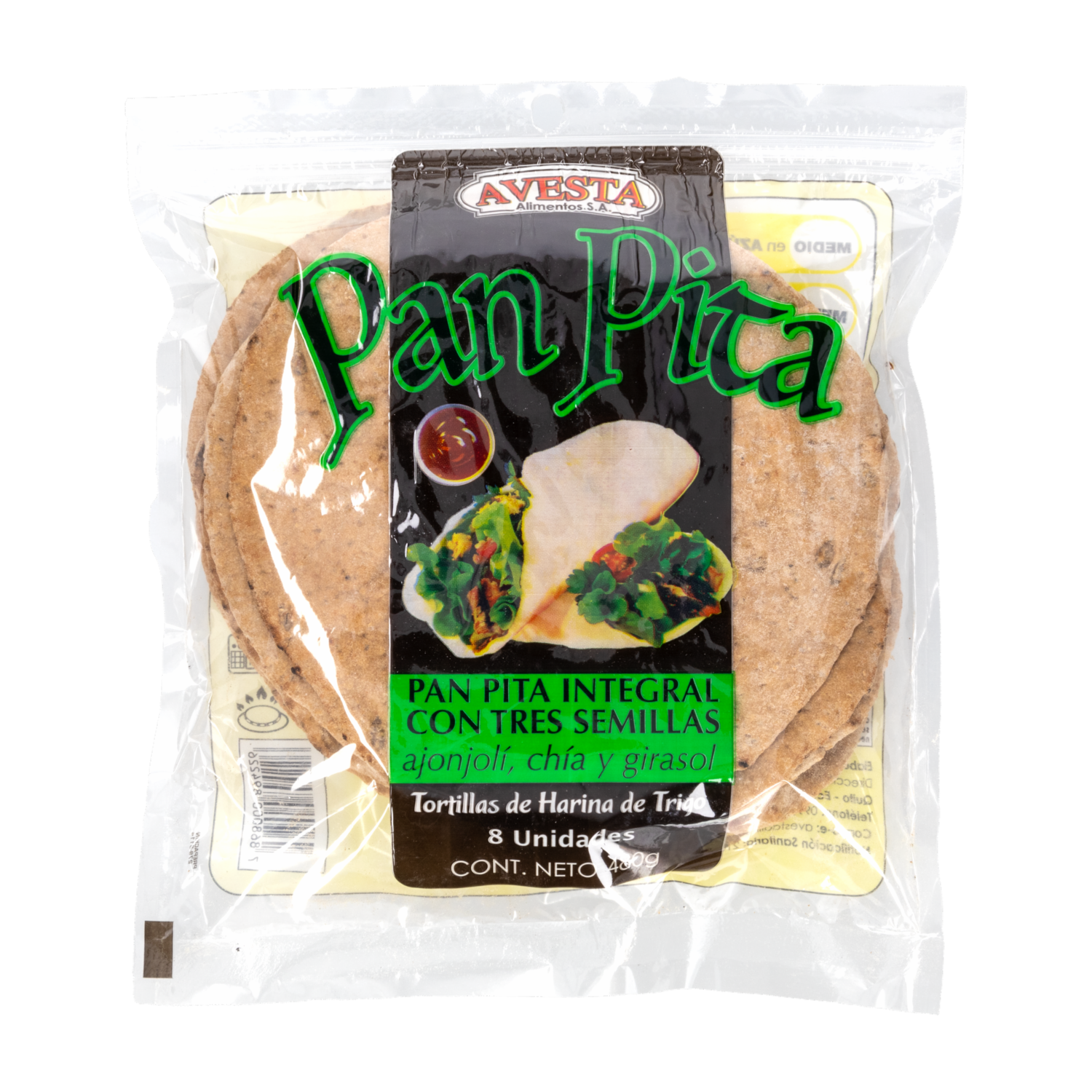 Pan Pita Integral Con 3 Semillas AVESTA 8 Uds 480 G