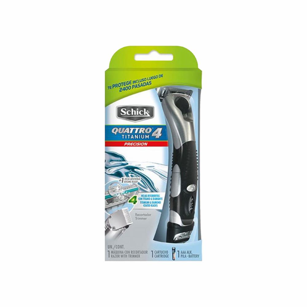 Maquina De Afeitar Caballero Quattro 4 Titanium Precision Incluye 1 Pila SCHICK Recortador Cartucho Supermaxi