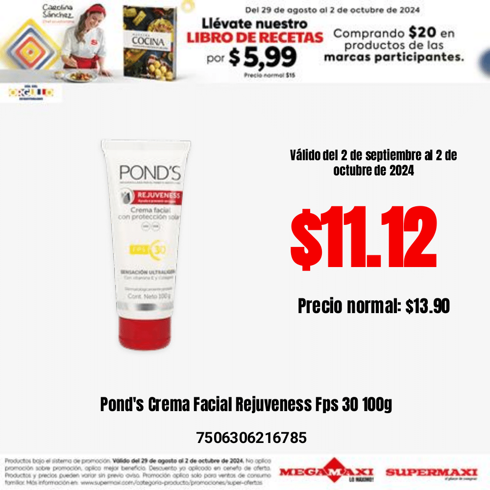 Crema Facial Rejuveness Con Factor De Protección Solar 30 POND`S 100 G ...