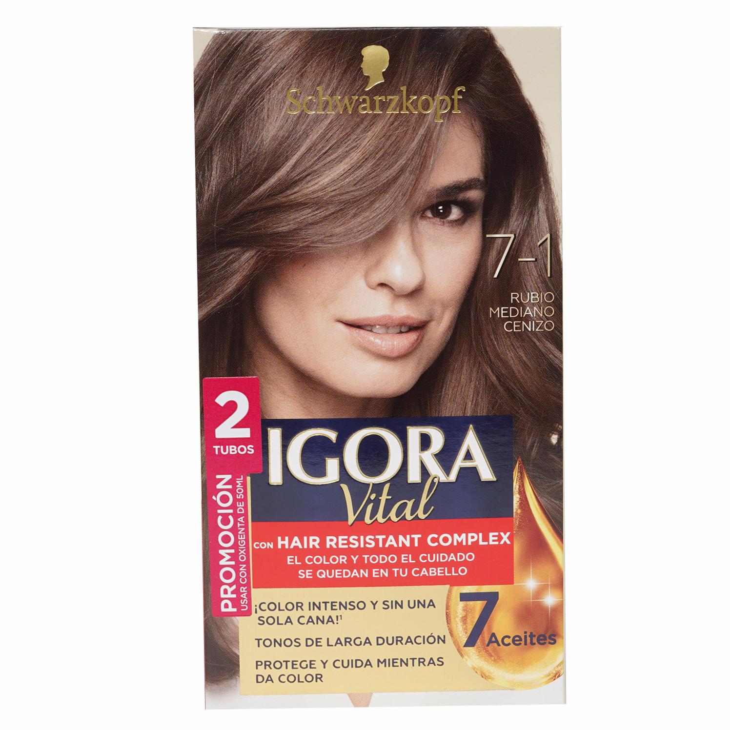 Tinte De Cabello Capilar Doble Tubo Rubio Medio Cenizo 7-1 IGORA VITAL Unidad