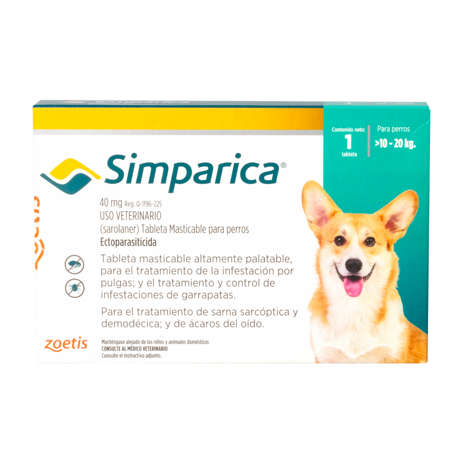 Tableta Antipulgas Para Perros De 10 A 20 Kg SIMPARICA 40 Mg