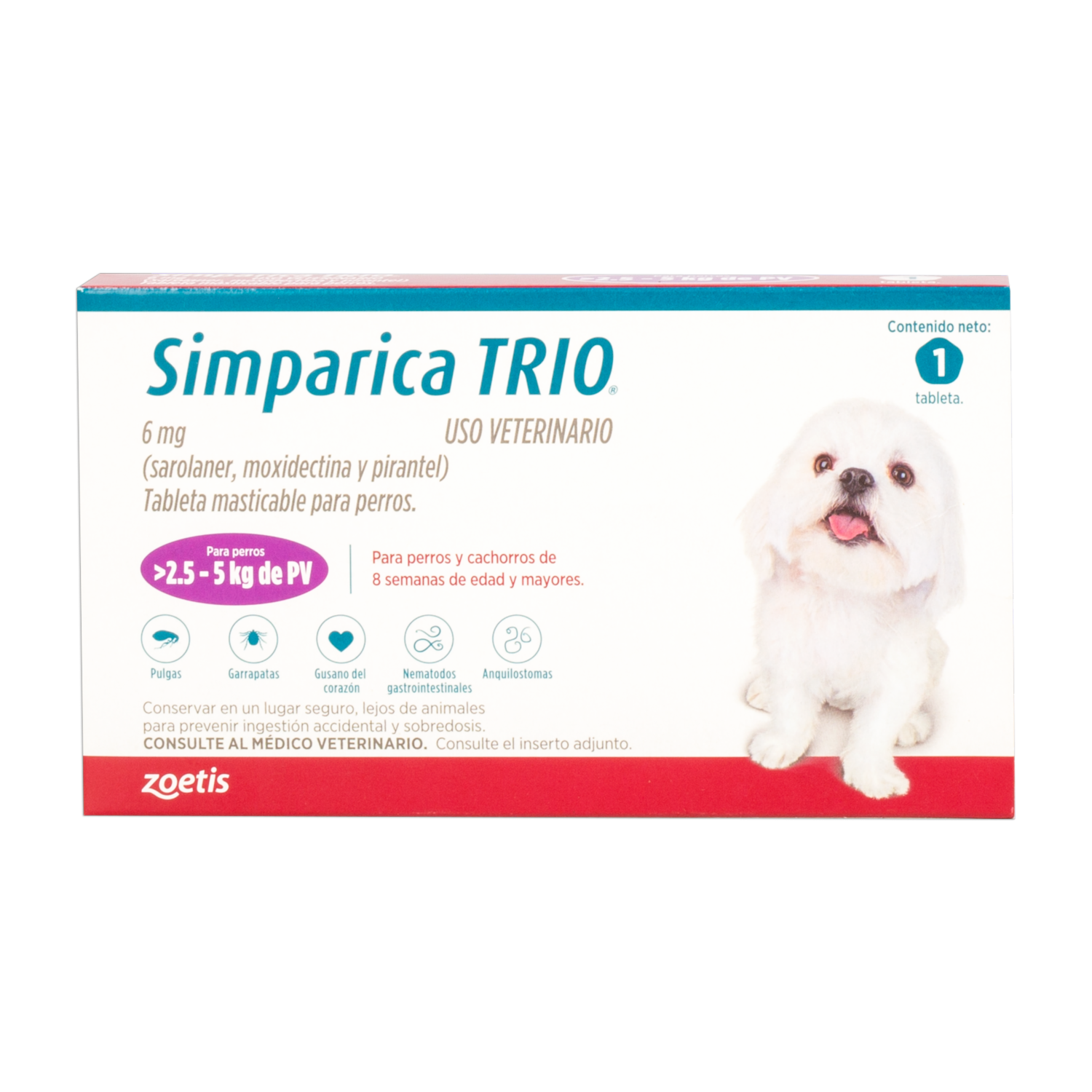 Antiparasitario Para Perros Interno Y Externo Trio   De 2,5 A 5Kg SIMPARICA De 2,5 Kg A 5 Kg