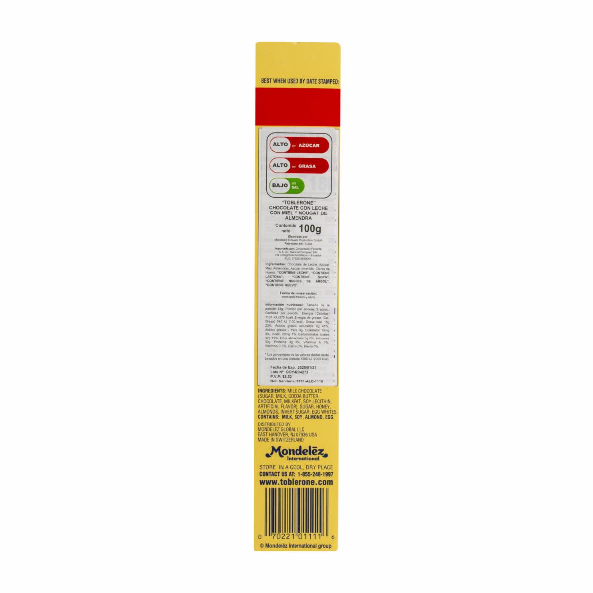 Chocolate Leche Miel Y Nougat Almendras TOBLERONE 100 G