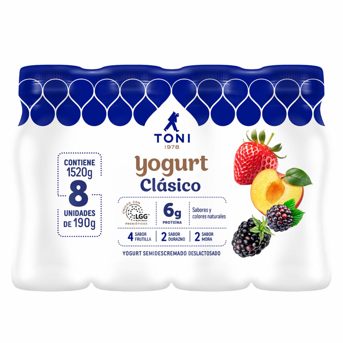 Yogurt Semidescremado Deslactosado Clásico Sabores Surtidos TONI 8 Uds X 190 G