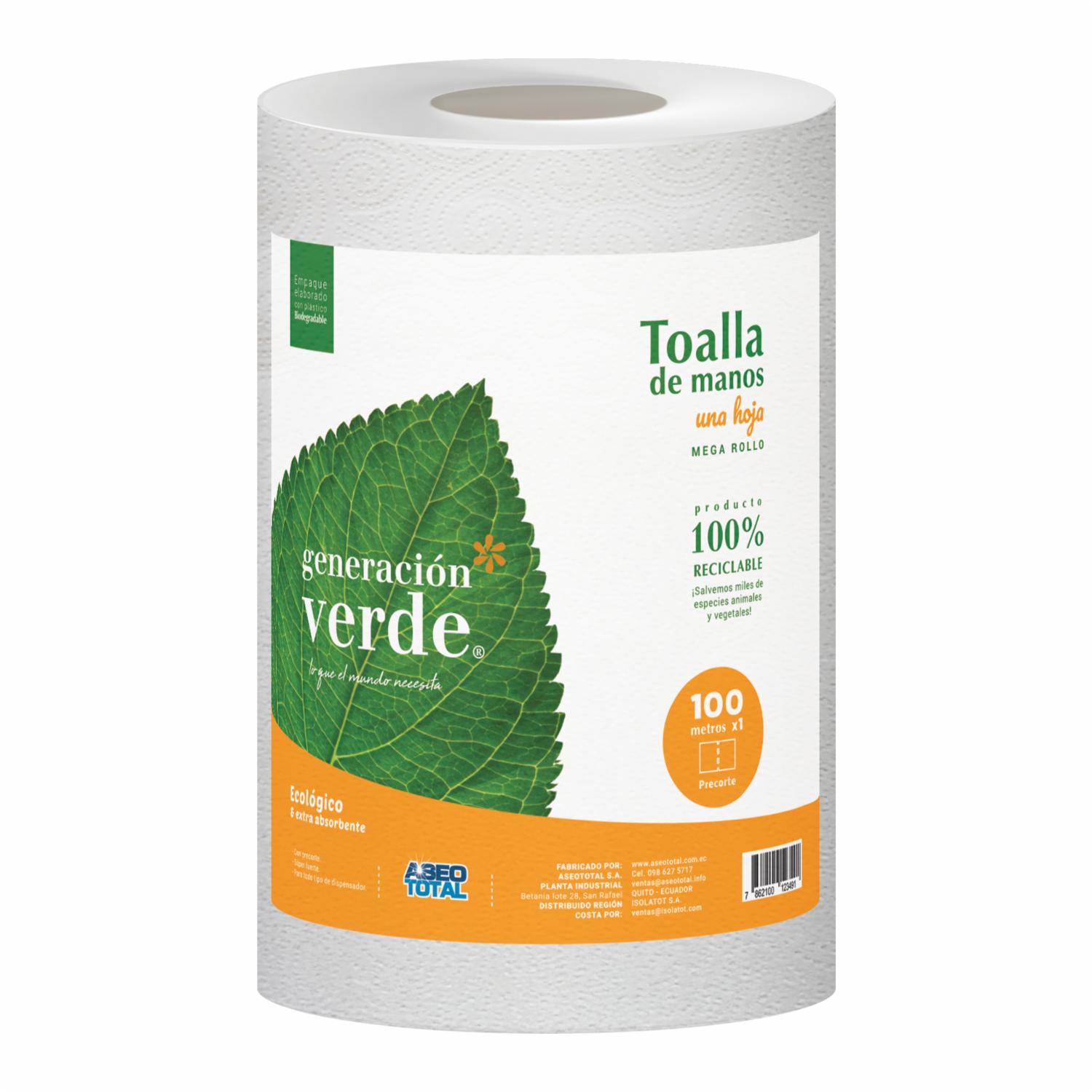 Toallas De Mano Desechables Una Hoja Extra Absorbente GENERACIÓN VERDE 100 M