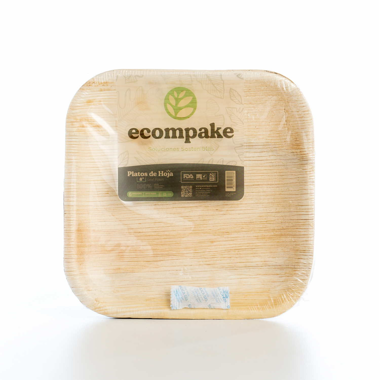 Platos Biodegradables De Hoja De Palma Cuadrad 8″ ECOMPAKE 6 Uds