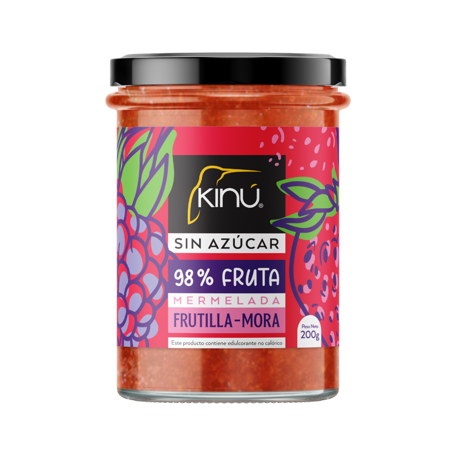 Mermelada Sin Azúcar Frutilla -Mora 98% Fruta KINÚ 200 G