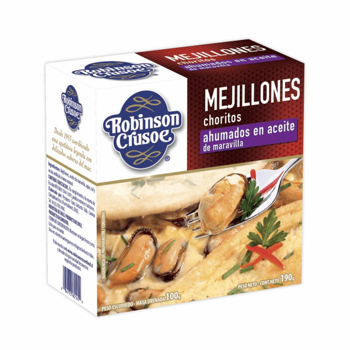 Mejillones Choritos Ahumados En Aceite De Maravilla ROBINSON CRUSOE 190 G