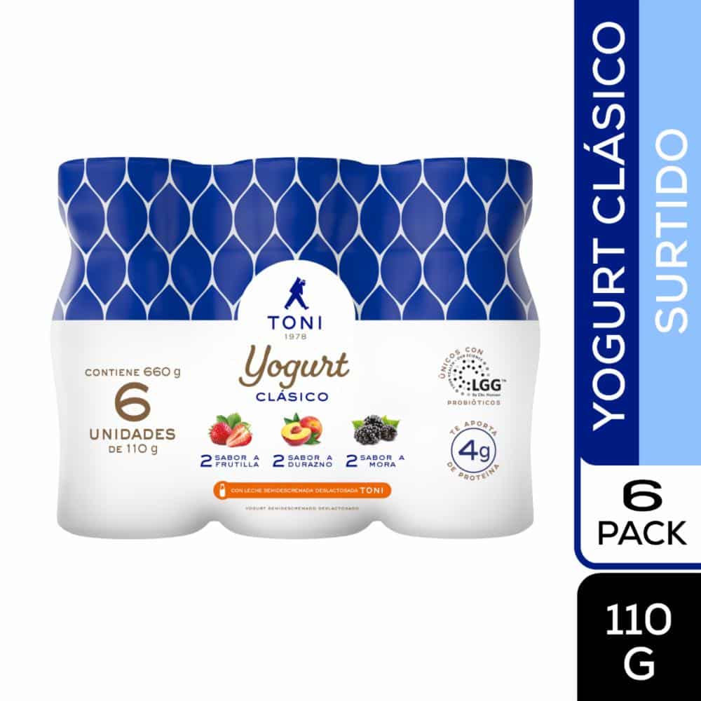 Yogurt Semidescremado Deslactosado Clásico Sabores Surtidos TONI 6 Uds X 110 G