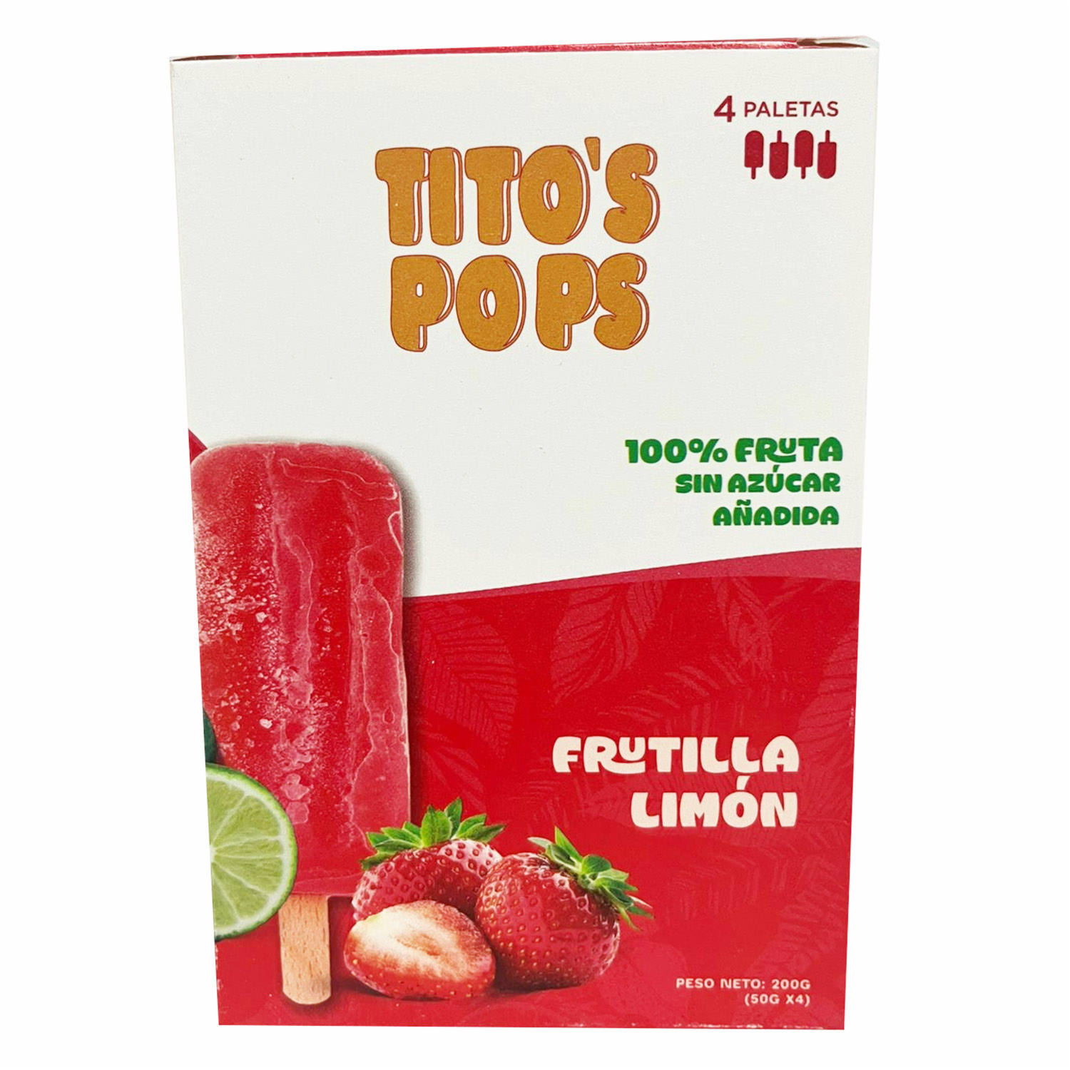 Helado En Paleta 100% Frutilla Limón Sin Azúcar TITO´S POPS 4 Uds X 50 G