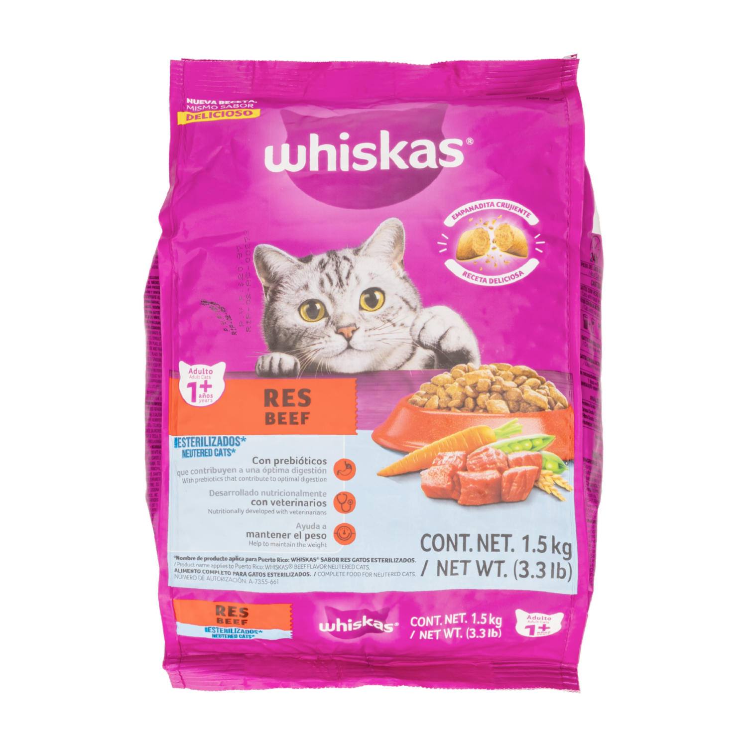 Alimento Para Gatos Adultos Esterilizados Sabor A Res WHISKAS 150 G
