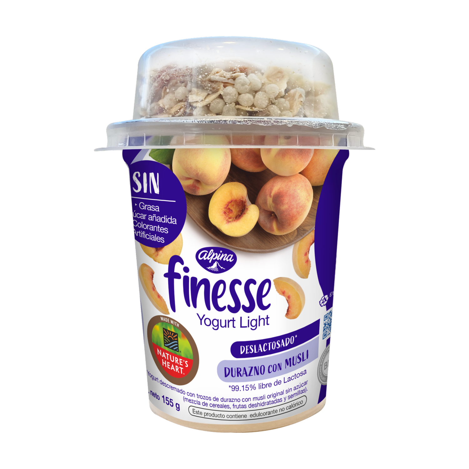 Yogurt Descremado Con Trozos De Durazno Y Musli Para Mezclar FINESSE 155 G