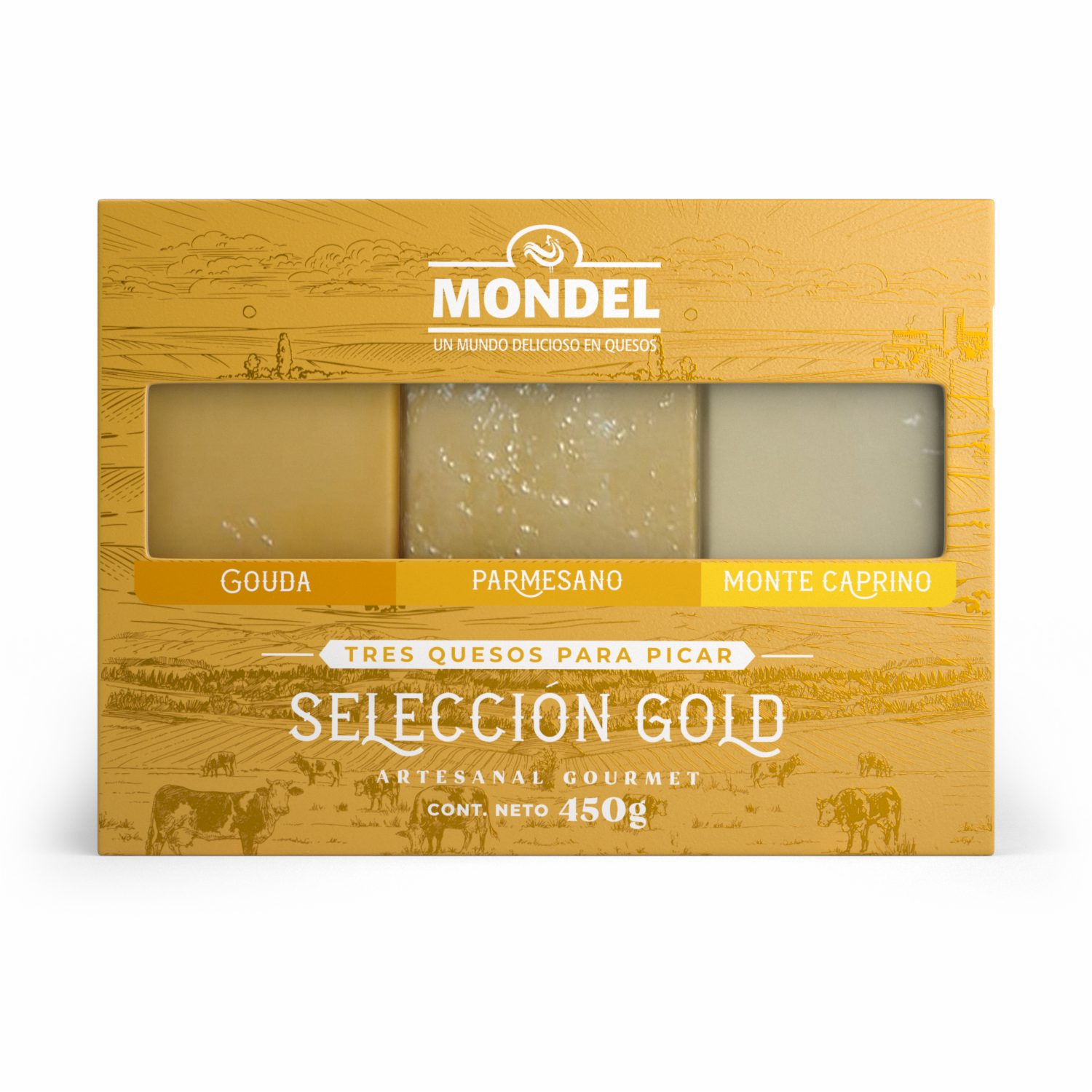 Mix De Quesos Maduros Selección Gold Gouda, Parmesano, Monte Caprino MONDEL 450 G