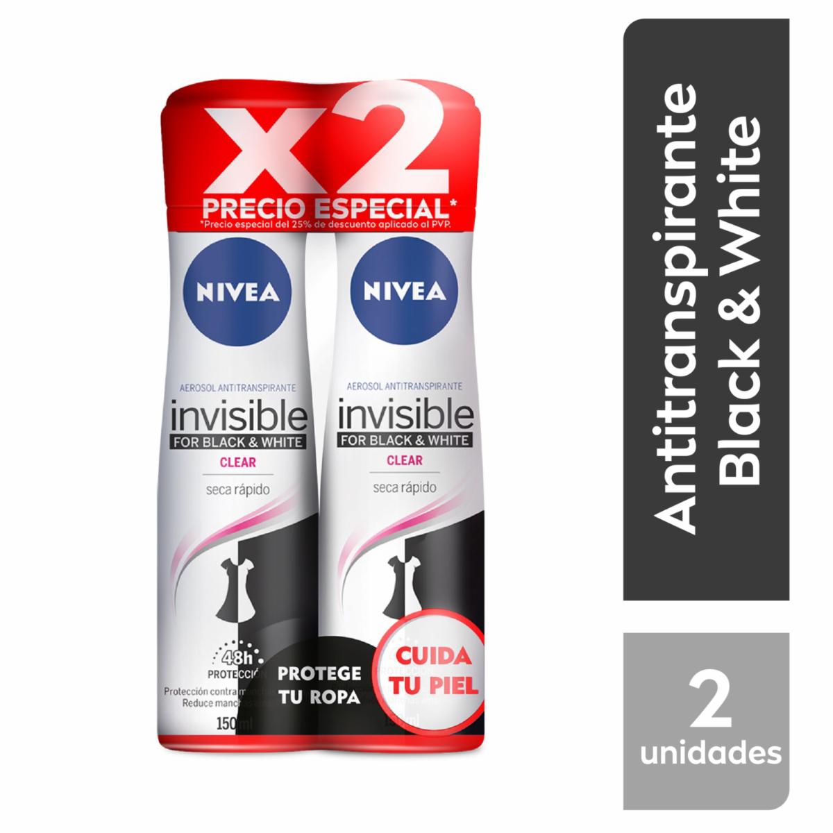 Desodorante En Aerosol Para Dama Black And White Invisible Antitranspirante NIVEA 2 X 300 Ml