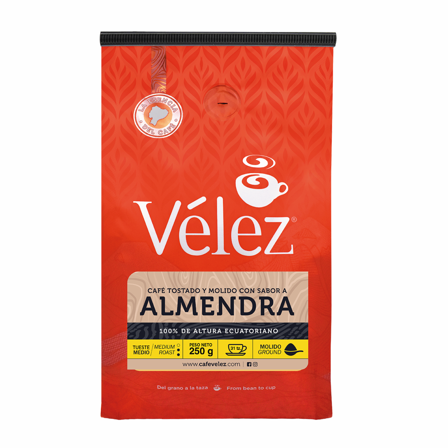 Café Tostado Y Molido Fino Ecuatoriano Almendra VÉLEZ 250 G