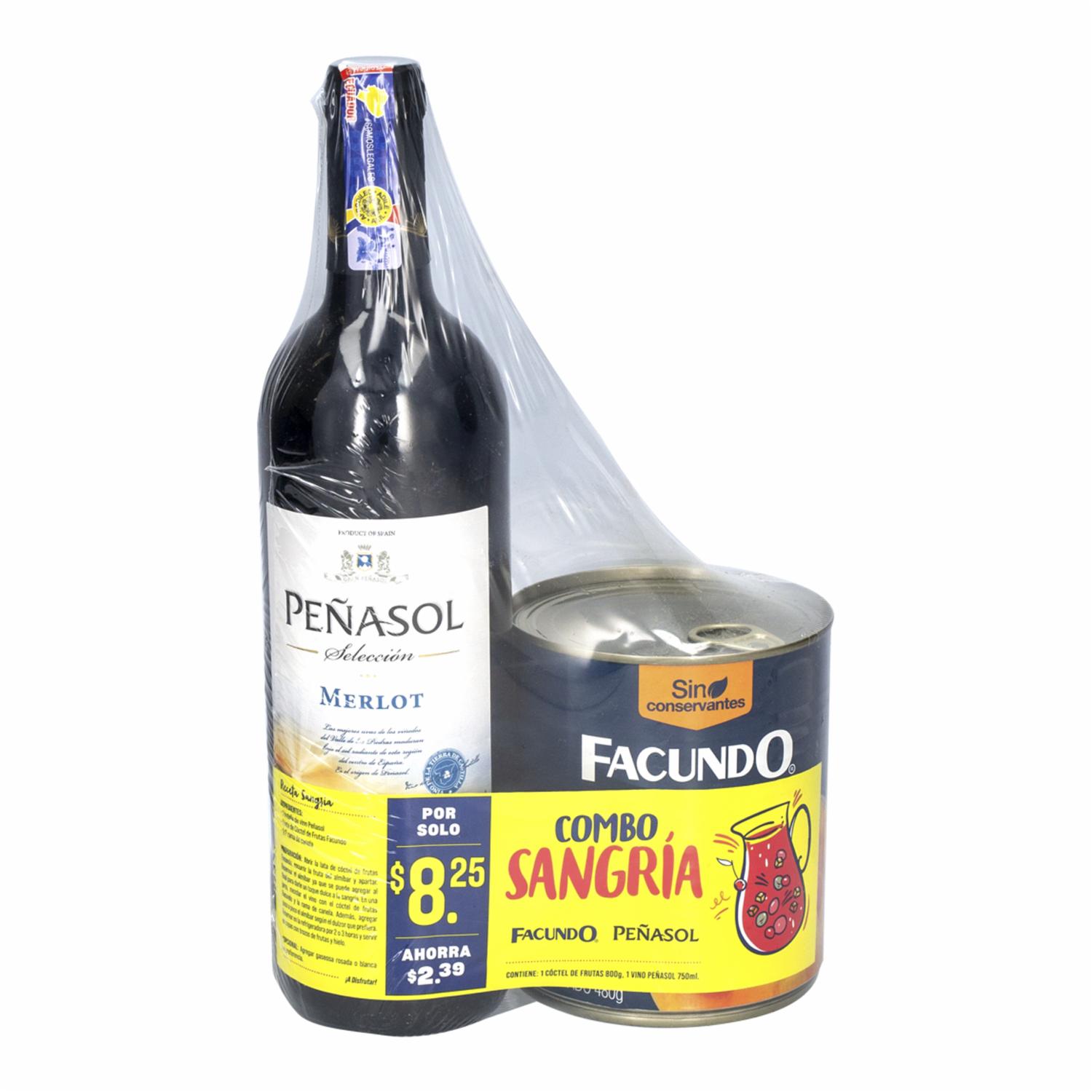 Vino Tinto Peñasol Merlot 750 Ml + Coctel Frutas Facundo 750 Ml + 800 G