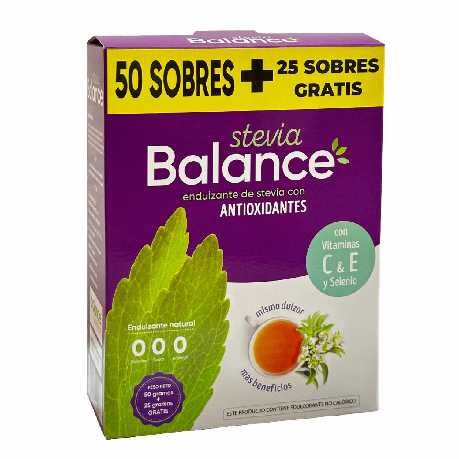 Endulzante De Stevia En Sobre Con Antioxidantes BALANCE 50 G + 25 G Gratis