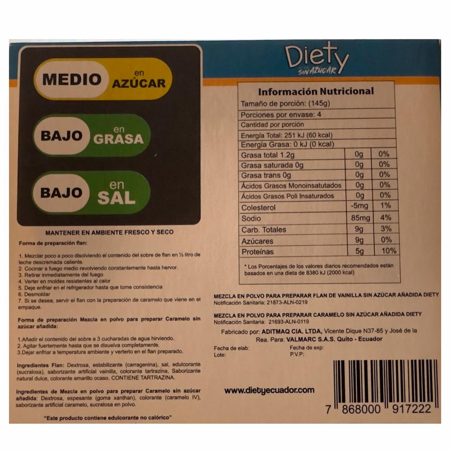 Premezcla Para Flan De Vainilla Con Caramelo Sin Azúcar DIETY 4 Porciones