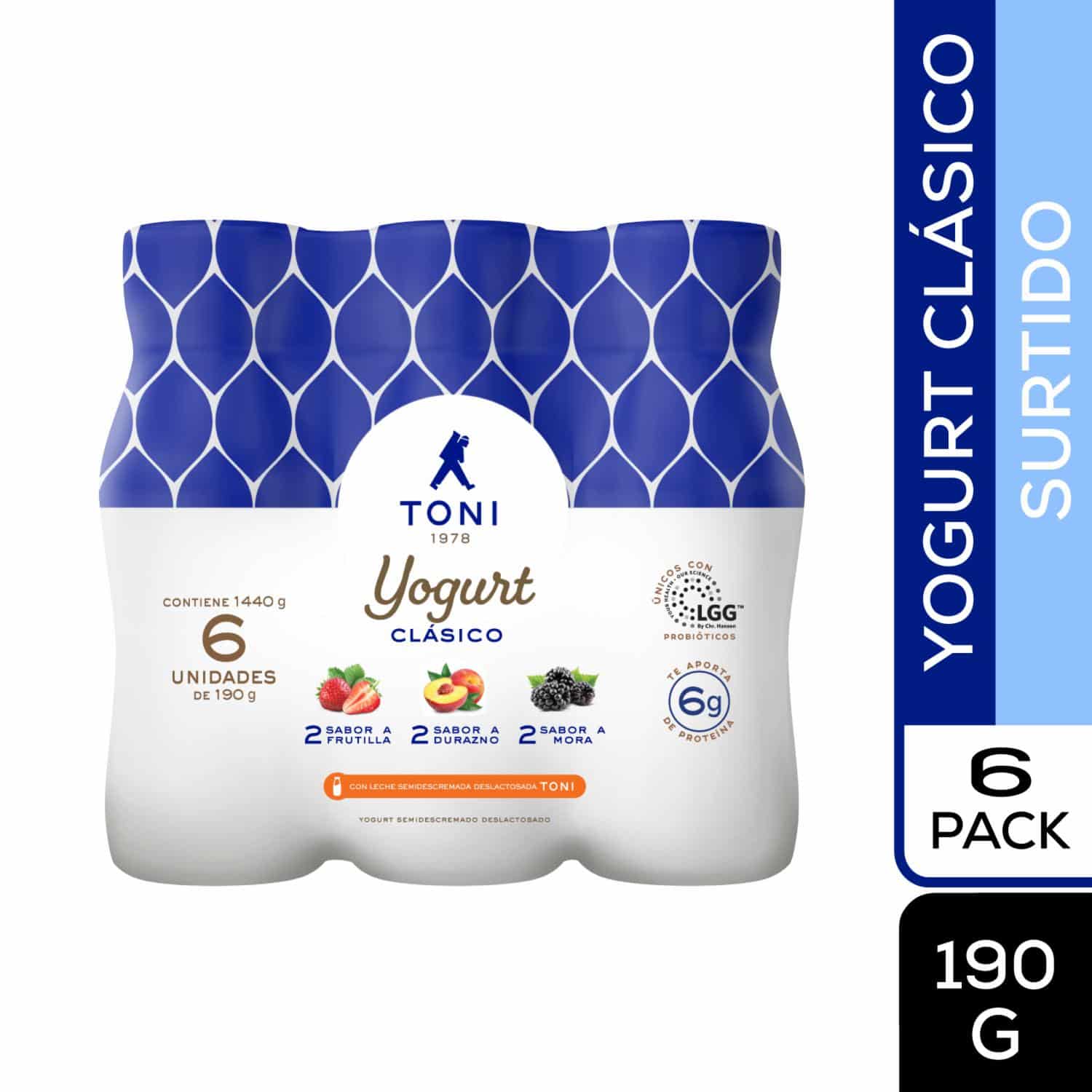 Yogurt Semidescremado Deslactosado Clásico Sabores Surtidos TONI 6 Uds X 190 G