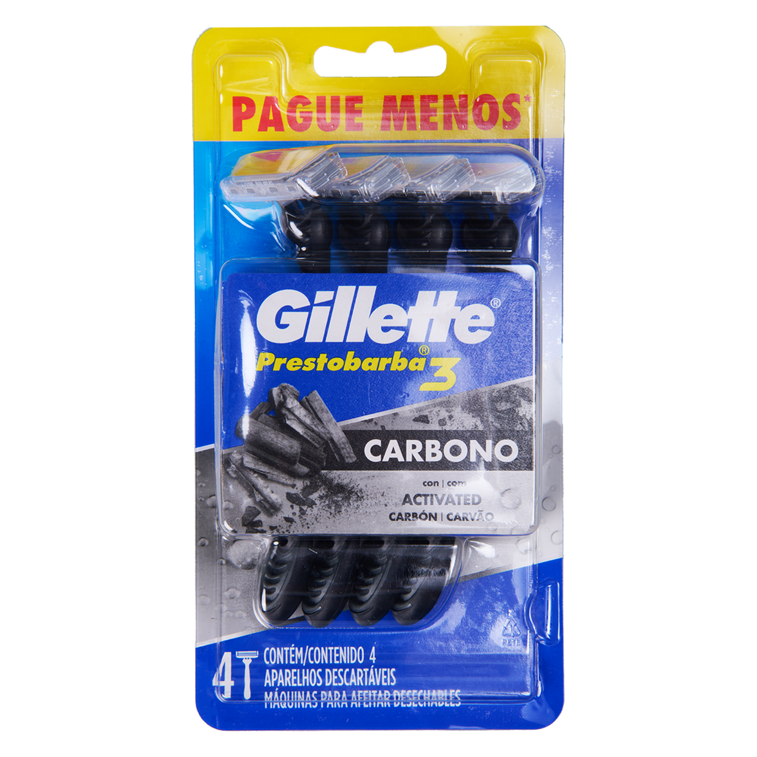 Afeitadora Desechable Prestobarba 3 Carbono Con Carbón Activado GILLETTE 4 Piezas